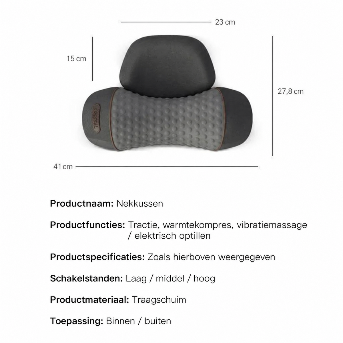 Afmetingen en specificaties van het nekmassagekussen: 41 x 27,8 cm, traagschuim, drie standen