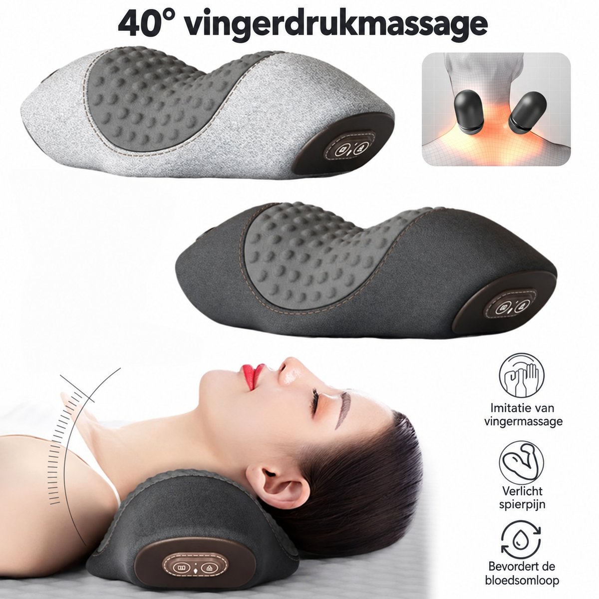 Nekmassagekussen met noppen voor vingerdrukmassage, van verschillende kanten bekeken