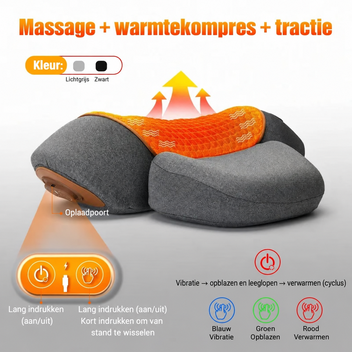 Nekmassagekussen met warmtezone, oplaadpoort en bedieningsknoppen