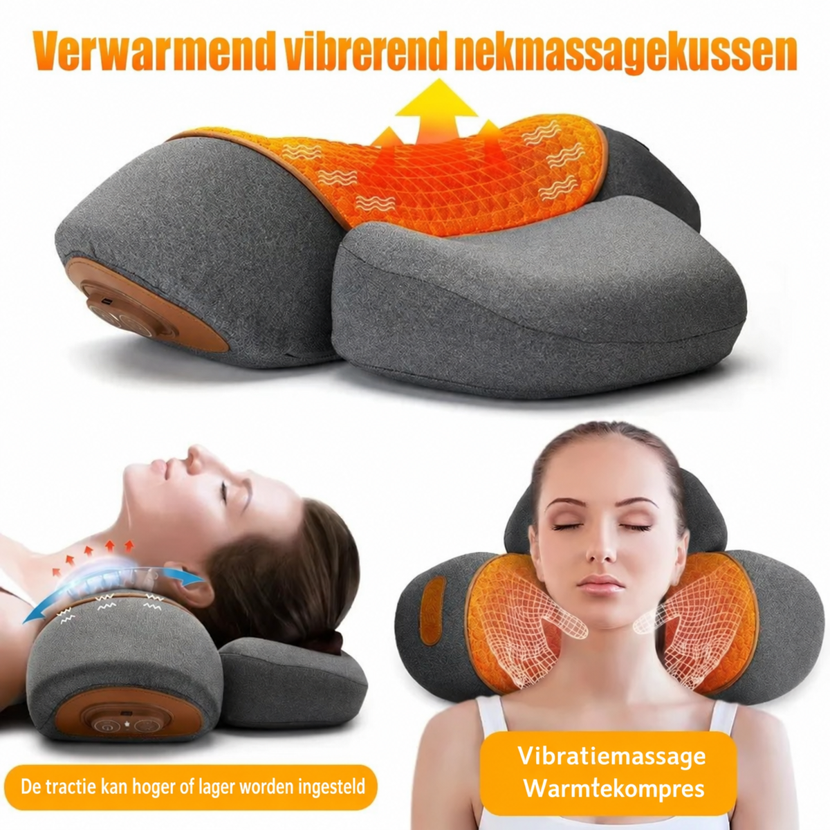 Verwarmend nekmassagekussen met vibratie, gebruikt onder de nek en om de schouders